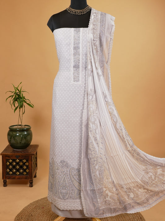 Grey Polka Linen Suit Set with Lace Detailing