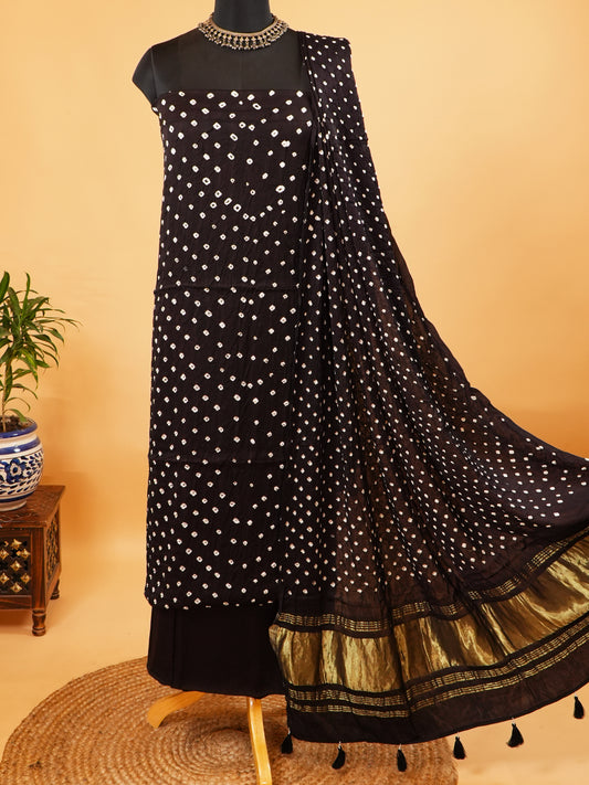 Black Bandhej Modal Silk Suit Set