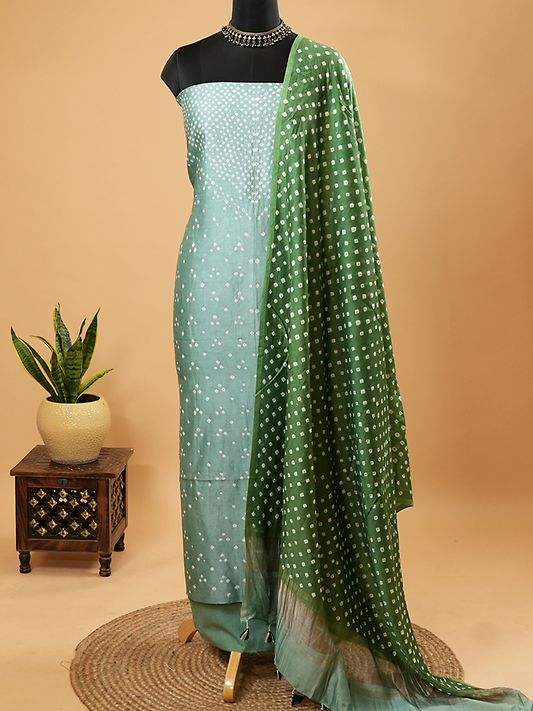 Blue & Bottle Green Bandhej Chanderi Silk Suit Set