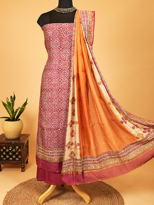 Dark Magenta Maheshwari Silk Suit with Multicolour Floral Border