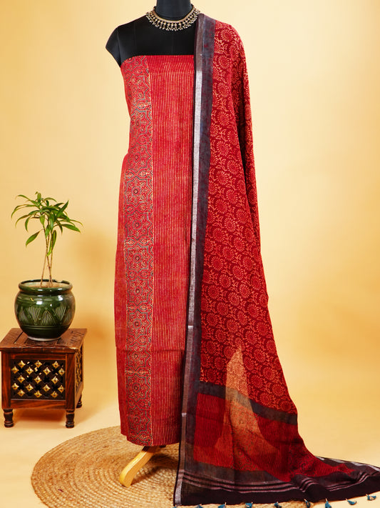 Red Ajrakh Dyed Handloom Linen Suit With Vertical Floral-Panel Design