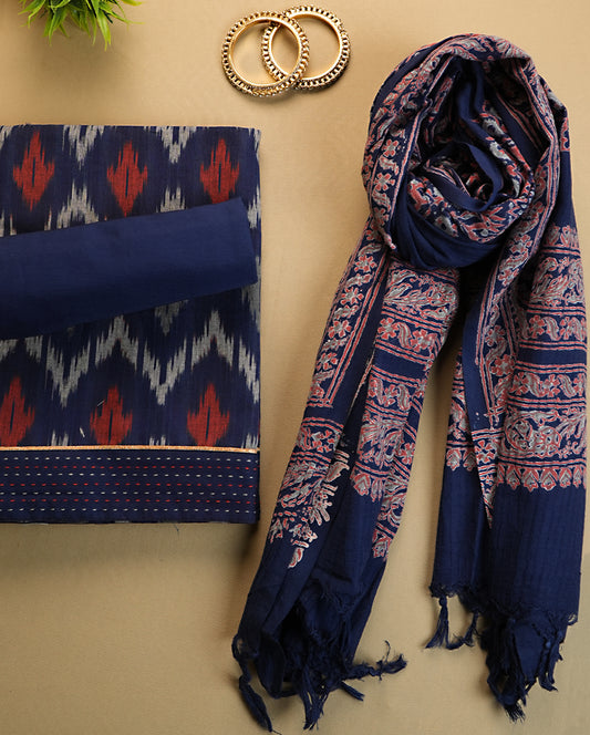 Stunning Navy Blue And Red Ikat Print Handloom Cotton Suit Set