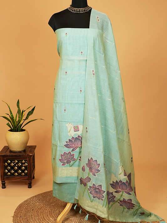 Sky Blue Chanderi Silk Suit Set with Jamdani Weaving