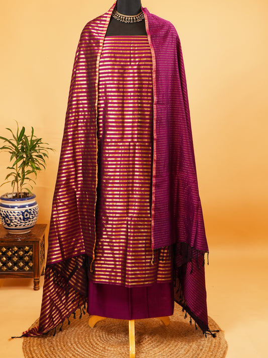 Dark Magenta Four Peddle Weave Maheshwari Silk Suit Set