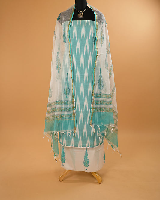 Ikat Print Turquoise Handloom Cotton Suit Set
