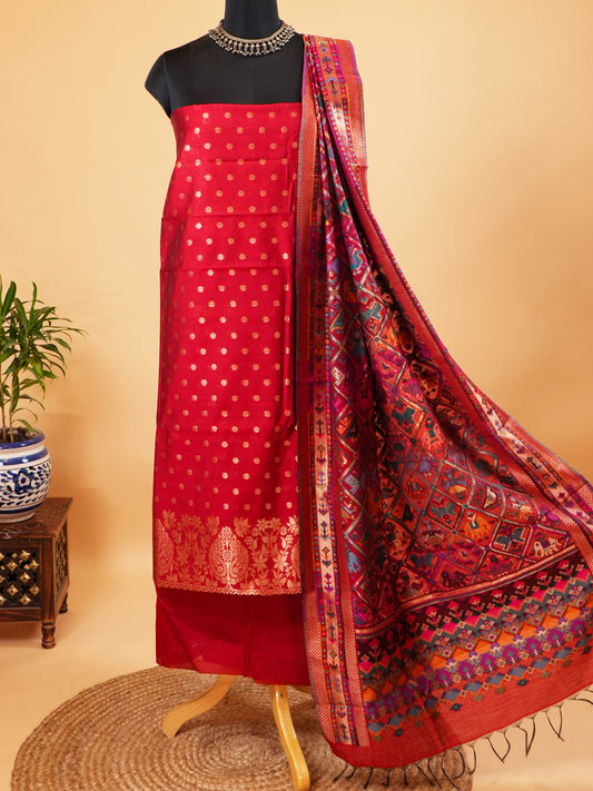 Red Banarasi Weaving Chanderi Silk Suit Set