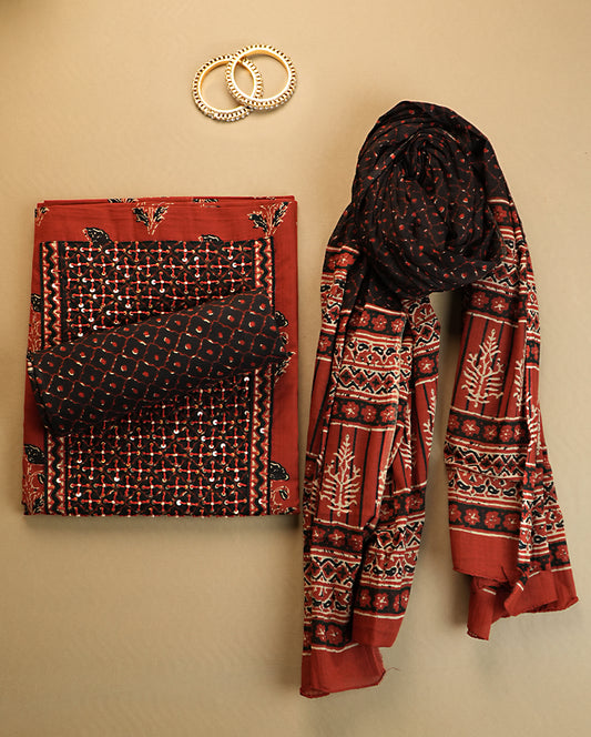 Red Handloom Cotton Handblock Print Suit Set