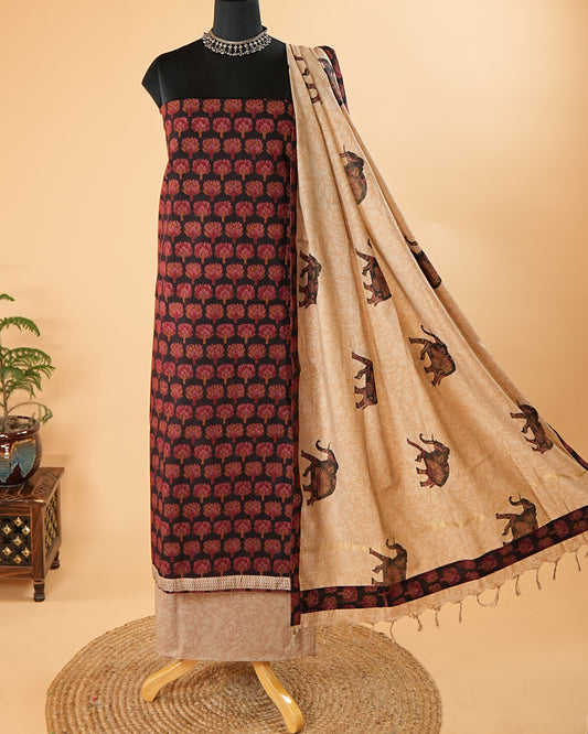 Black Kalamkari Printed Handloom Cotton Suit Set