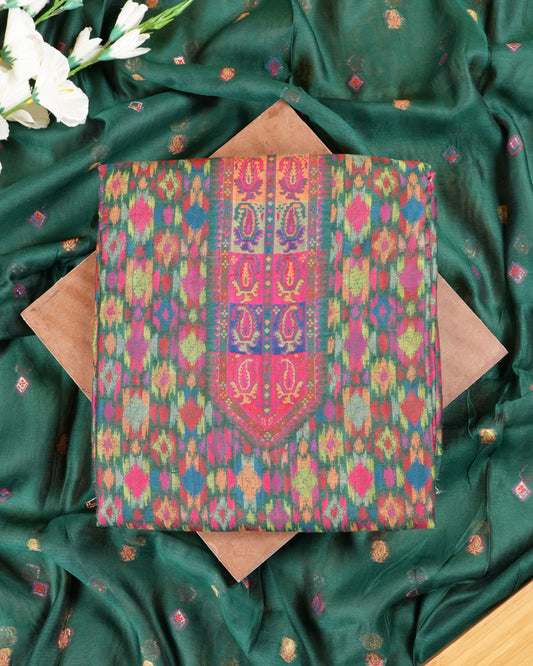 Dark Green-Multicolour Mulberry Silk Suit Set With Jamawar Handweaving