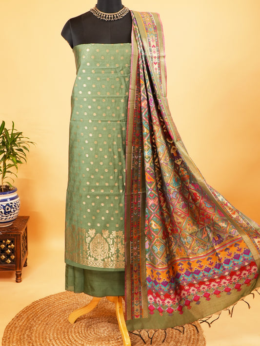 Light Pista Green Banarasi Weaving Chanderi Silk Suit Set