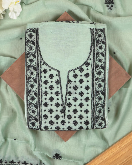 Light Sea Green Mul Chanderi Lucknowi Handwork Suit Set