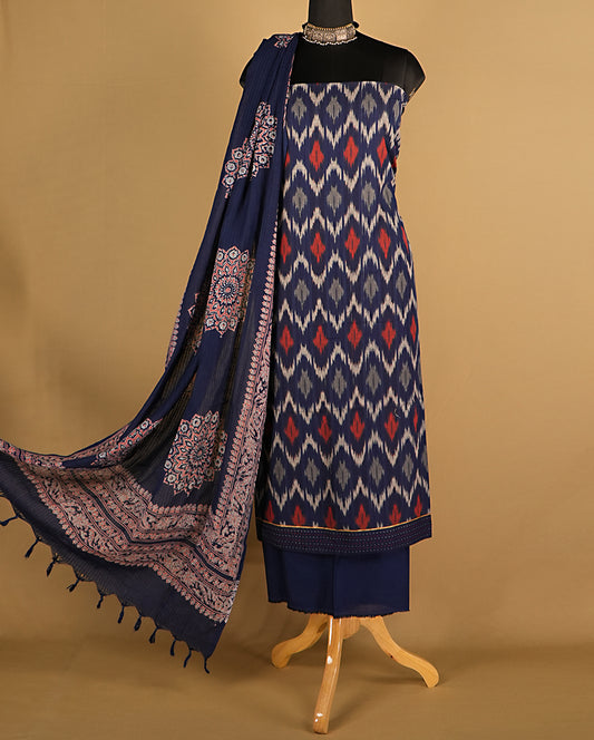 Stunning Navy Blue And Red Ikat Print Handloom Cotton Suit Set