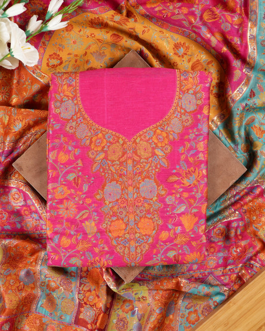 Red Multicolour Mulberry Silk Suit Set With Jamawar Handweaving