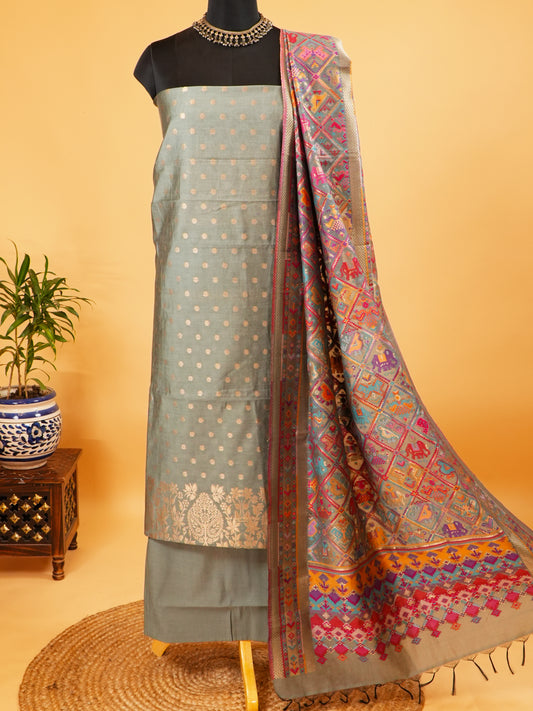 Light Grey Banarasi Weaving Chanderi Silk Suit Set
