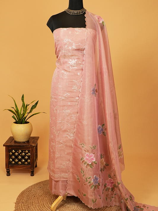 Pastel Pink Pure Glass Organza Suit with Pitta Work