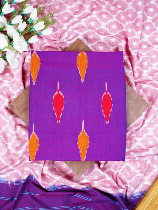 Purple & Saffron Mercerized Ikat Cotton Suit with Blush Pink Dupatta