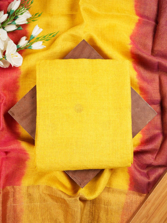 2 Pc- Yellow Organic Linen Suit Set With Jamdani Weave