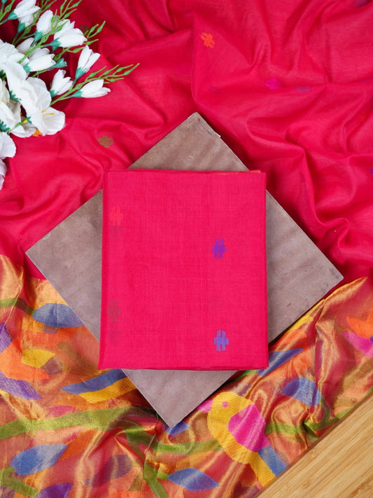 Crimson Red Muslin Jamdani Suit with Paithani Dupatta