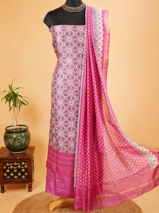 Magenta & Lavender Maheshwari Silk Suit with Patola Print