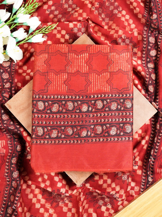 Maroon Maheshwari Silk Suit Set With Block Print Design