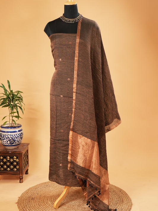 Dark Brown Organic Mulberry Silk & Linen Jamdani Suit Set
