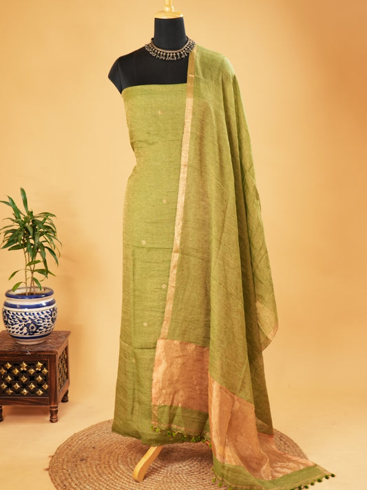 Light Green Organic Mulberry Silk & Linen Jamdani Suit Set