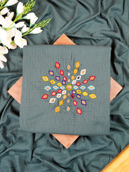 Dark Green Handloom Co-ord with Kantha & Mirror Work