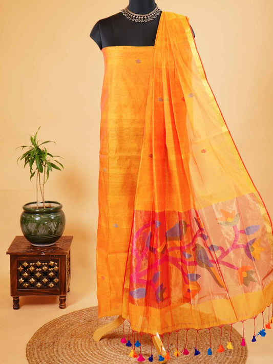 Marigold Orange Muslin Jamdani Suit with Paithani Dupatta