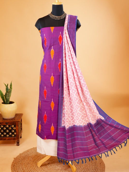Purple & Saffron Mercerized Ikat Cotton Suit with Blush Pink Dupatta