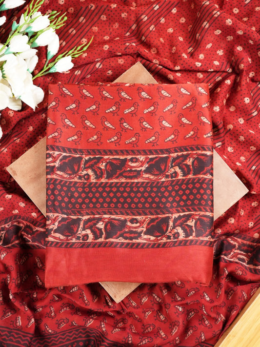 Maroon Maheshwari Silk Suit Set With Printed Bird Motifs