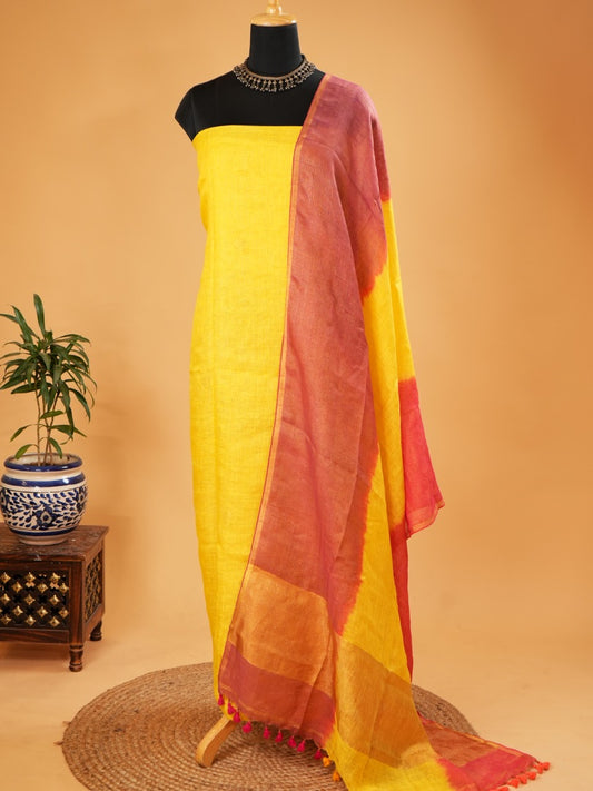 2 Pc- Yellow Organic Linen Suit Set With Jamdani Weave