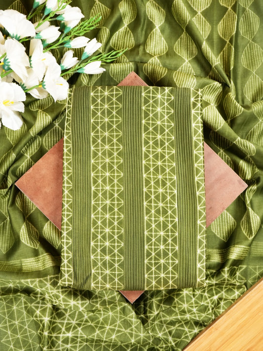 Olive Green Maheshwari Silk Suit With Pintex & Shibori Design