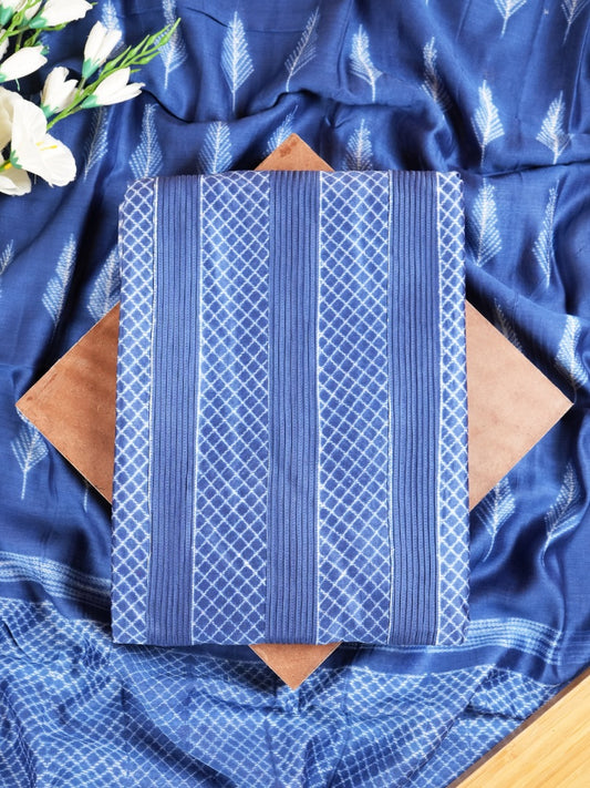 Dark Blue Maheshwari Silk Suit With Pintex & Shibori Design