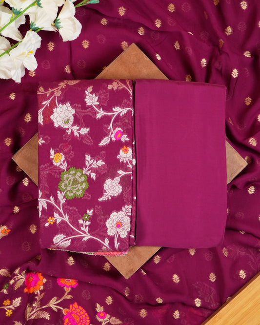 Wine Multicolour Georgette Khaddi Silk Suit Set