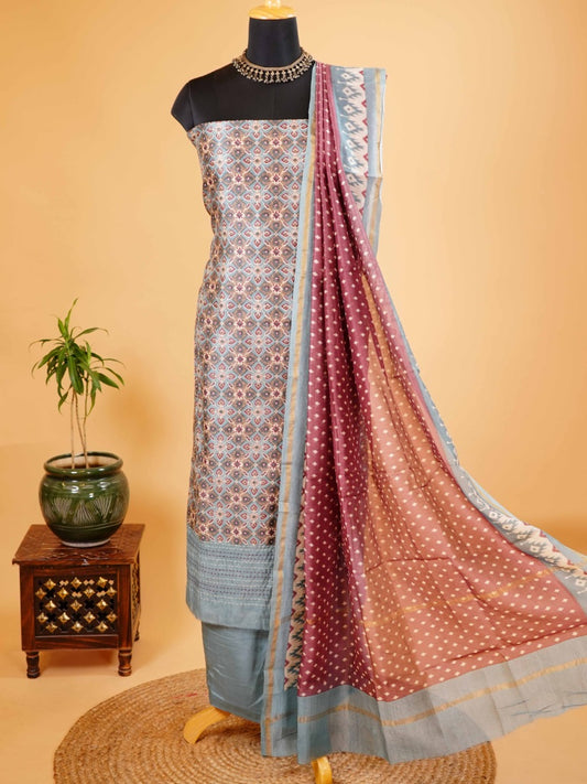 Grey & Maroon Maheshwari Silk Suit with Patola Print