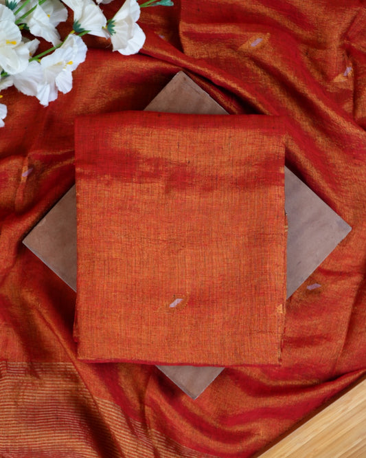 Jamdani Dark Orange Linen Tissue Suit Set