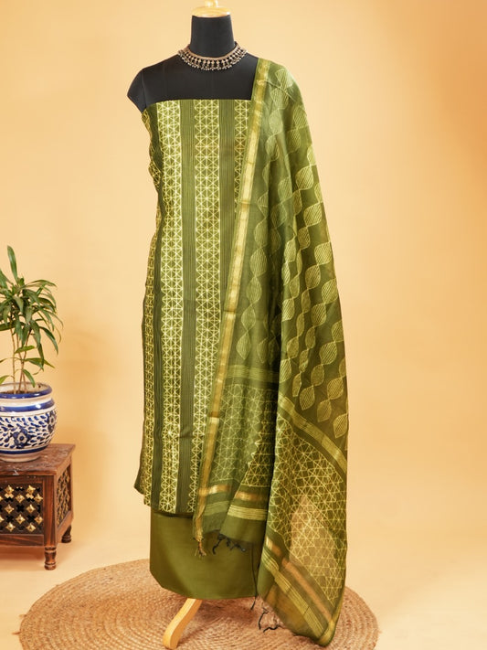 Olive Green Maheshwari Silk Suit With Pintex & Shibori Design