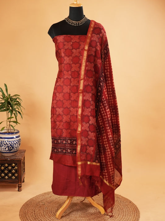 Maroon Maheshwari Silk Suit Set With Block Print Design