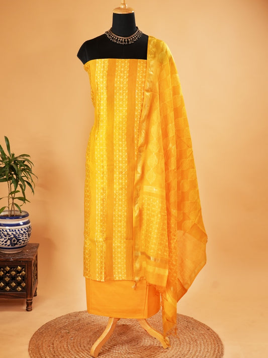 Yellow Maheshwari Silk Suit Set With Pintex & Shibori Design