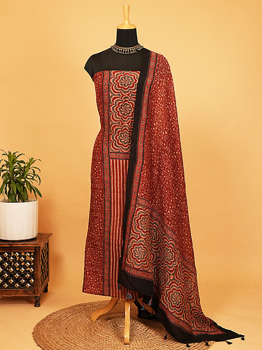 Rich Brick Red Striped Organic Ajrakh Crushed Linen Silk 2-Pc Suit Set