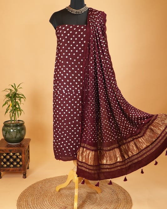 Brown Bandhej Modal Silk Suit Set