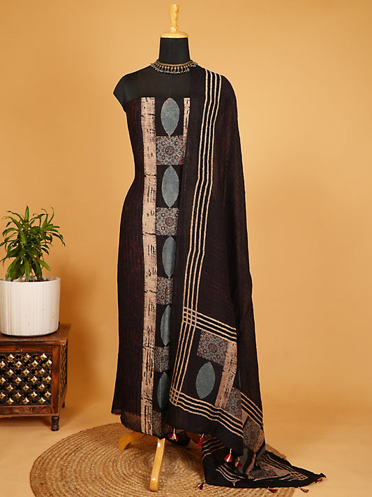 Charcoal Geometric Organic Ajrakh Crushed Linen Silk 2-Pc Suit Set