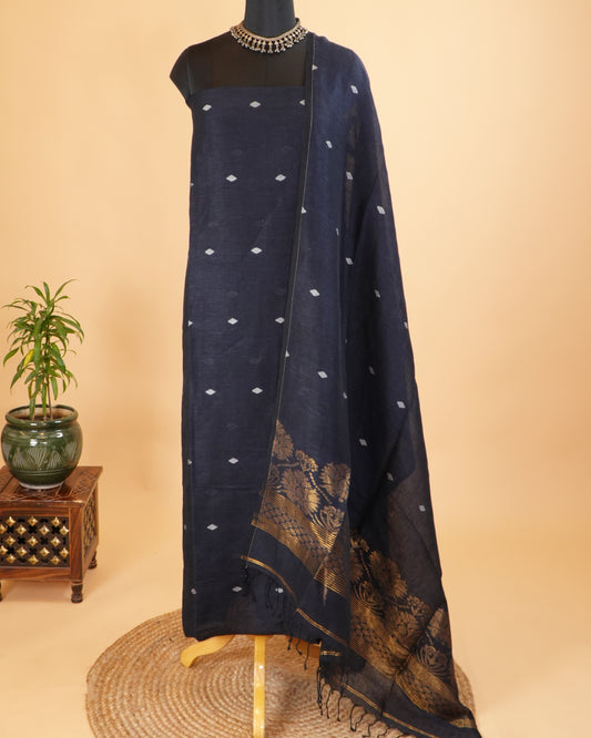 Jamdani Navy Blue Khadi Linen Banarasi Handwoven Suit Set