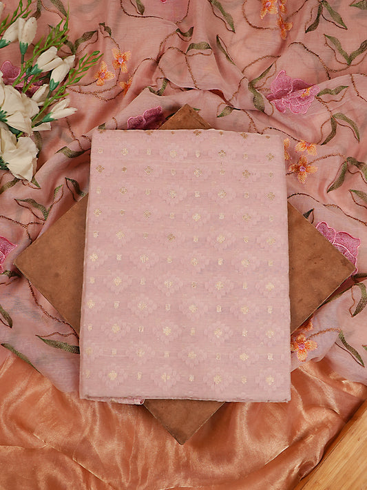 Soft Pink Handloom Cotton Jamawar Suit Set with Floral Embroidery Dupatta