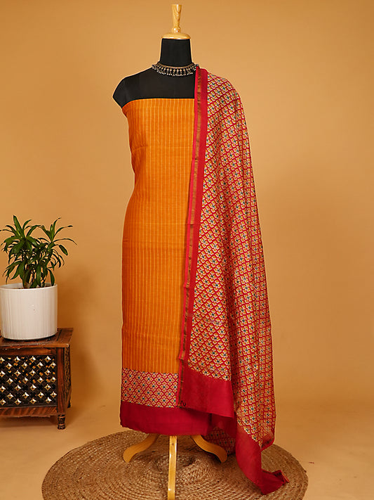 Mustard Orange Maheshwari Silk Striped & Patola Print Suit Set