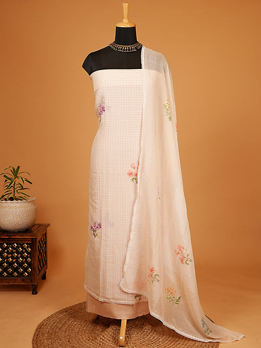 Beige Gingham Mul Chanderi Floral Suit Set