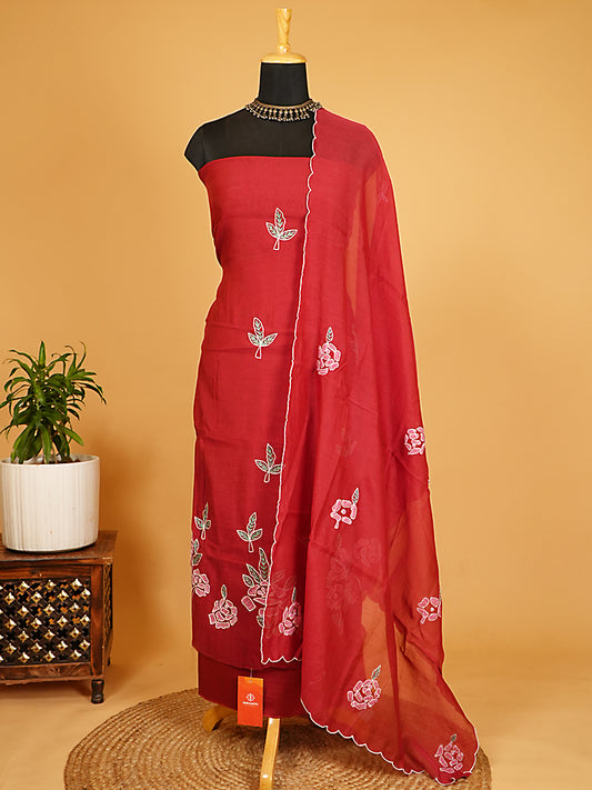 Ruby Red Mul Chanderi Floral Threadwork Embroidered Suit Set