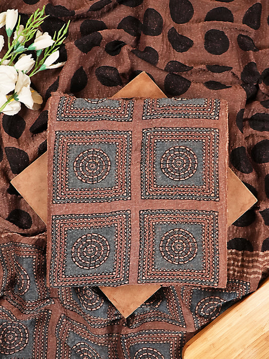 Earthy Mocha Geometric Grid Organic Ajrakh Crushed Linen Silk 2-Pc Suit Set