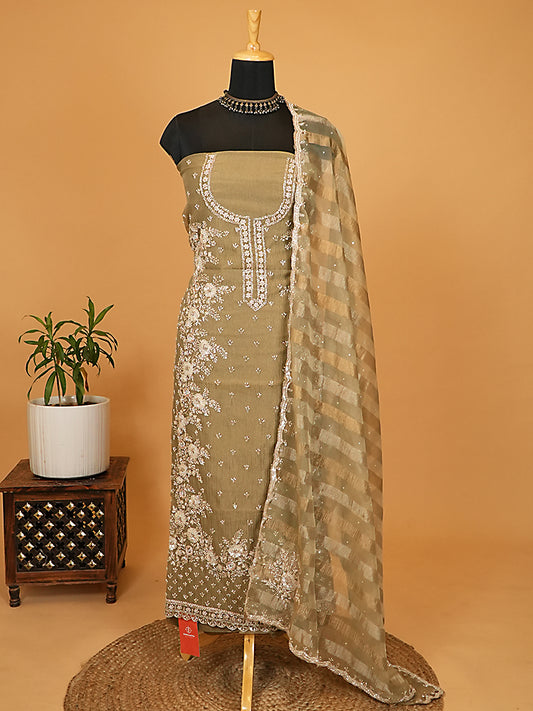 Olive Green Tissue Silk Handwork Suit Set