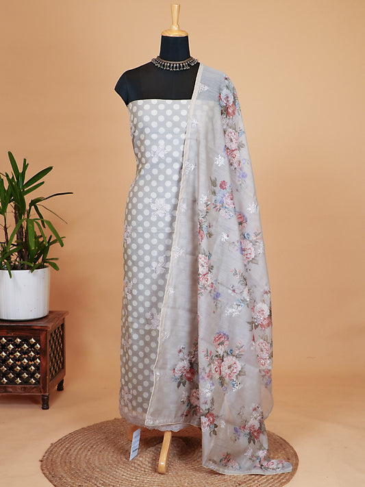Light Grey Mul Cotton Chanderi Polka Design Suit Set